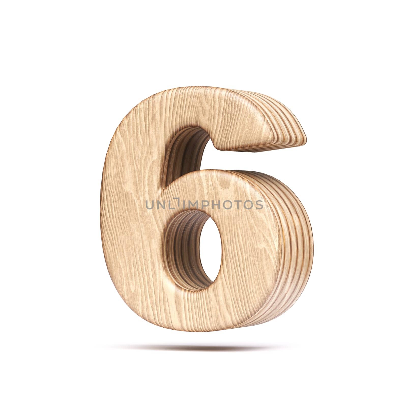 Plywood font Number 6 SIX 3D rendering illustration isolated on white background