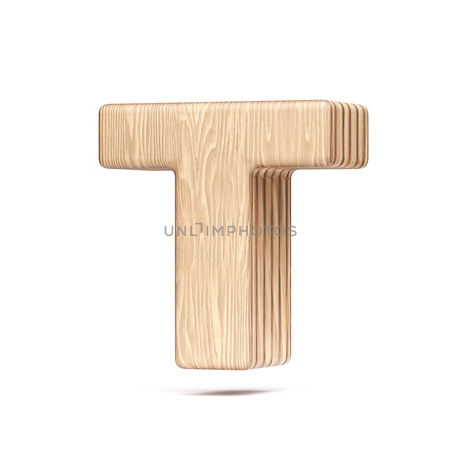 Plywood font Letter T 3D rendering illustration isolated on white background