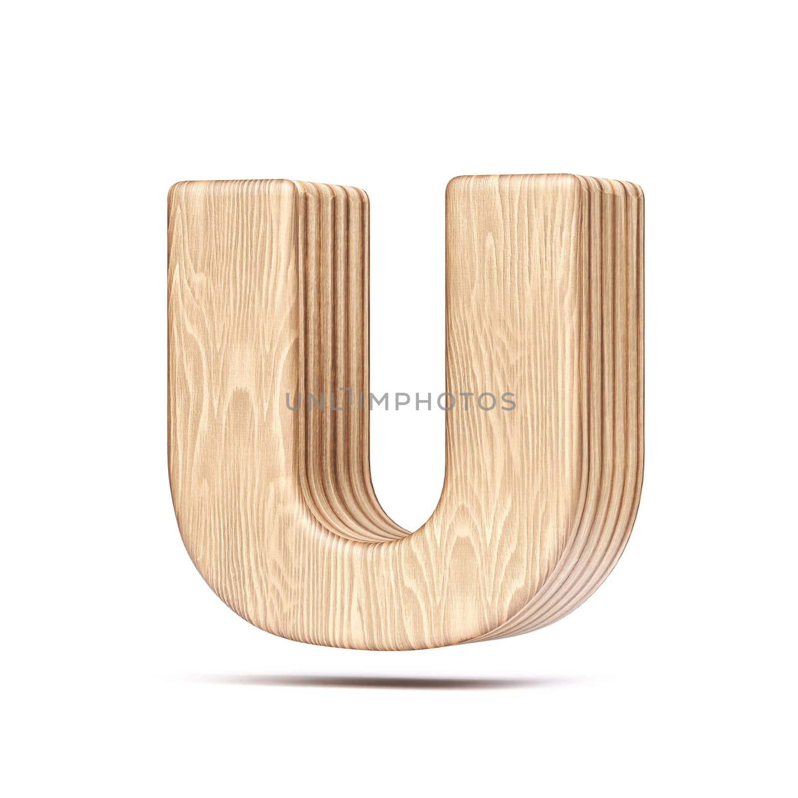 Plywood font Letter U 3D rendering illustration isolated on white background