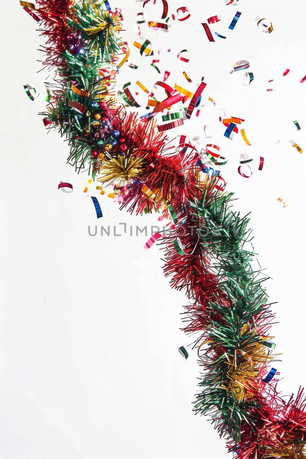 Colorful festive tinsel and confetti falling with white background, AI Generated
