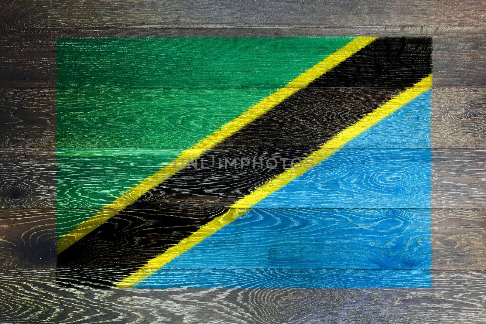 A Tanzania flag on rustic old wood surface background blue black yellow horizontal stripe green blue background illustration