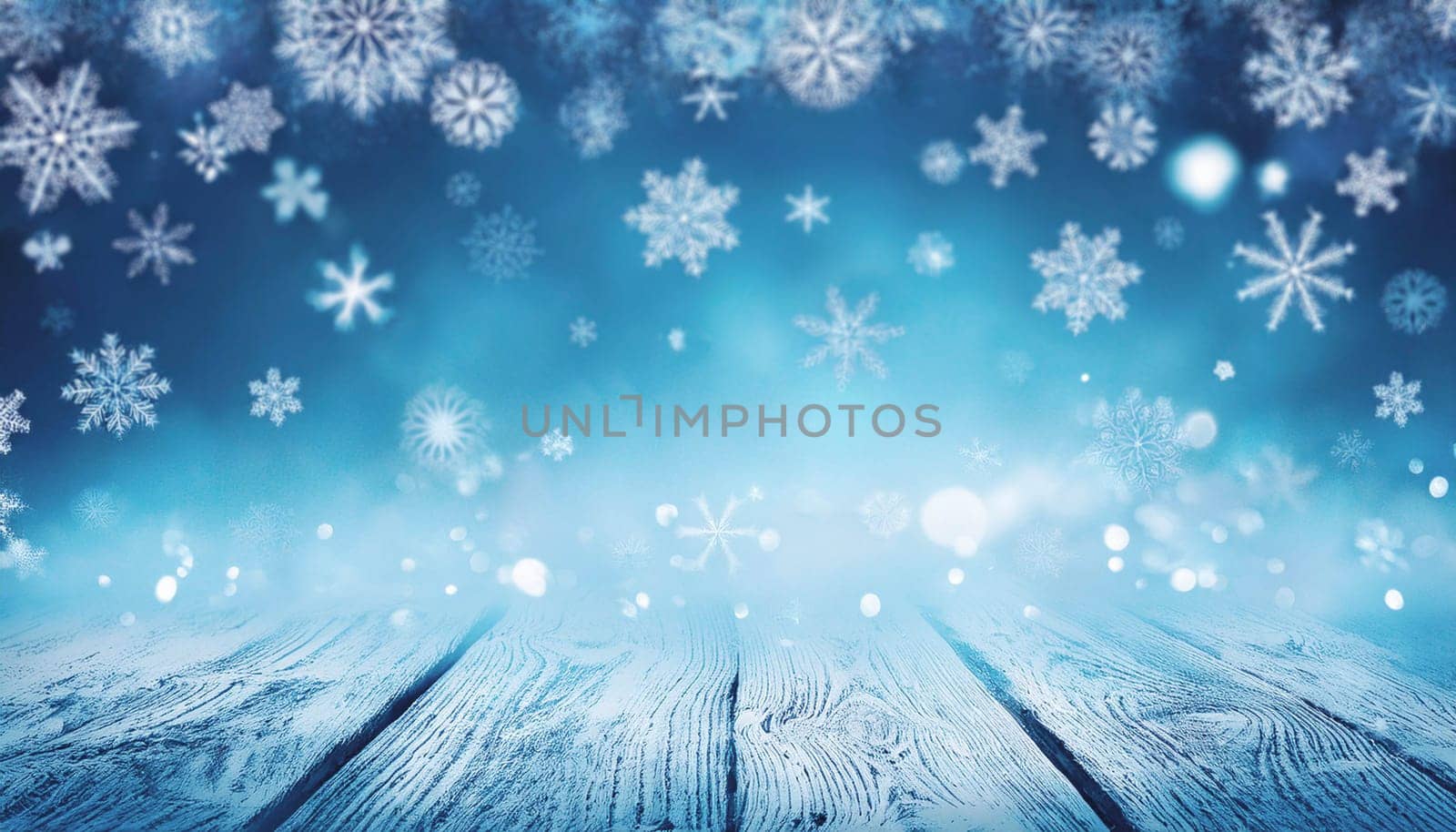 Christmas background with snowflakes and bokeh lights. Festive winter background. AI generated