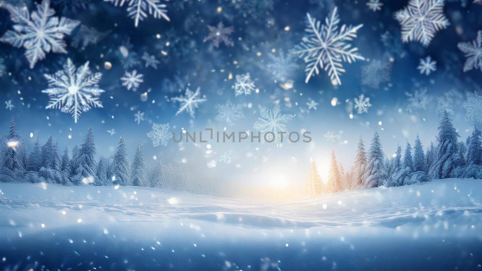 abstract winter background with snowflakes, Christmas background with heavy snowfall, snowflakes in the sky. AI generated