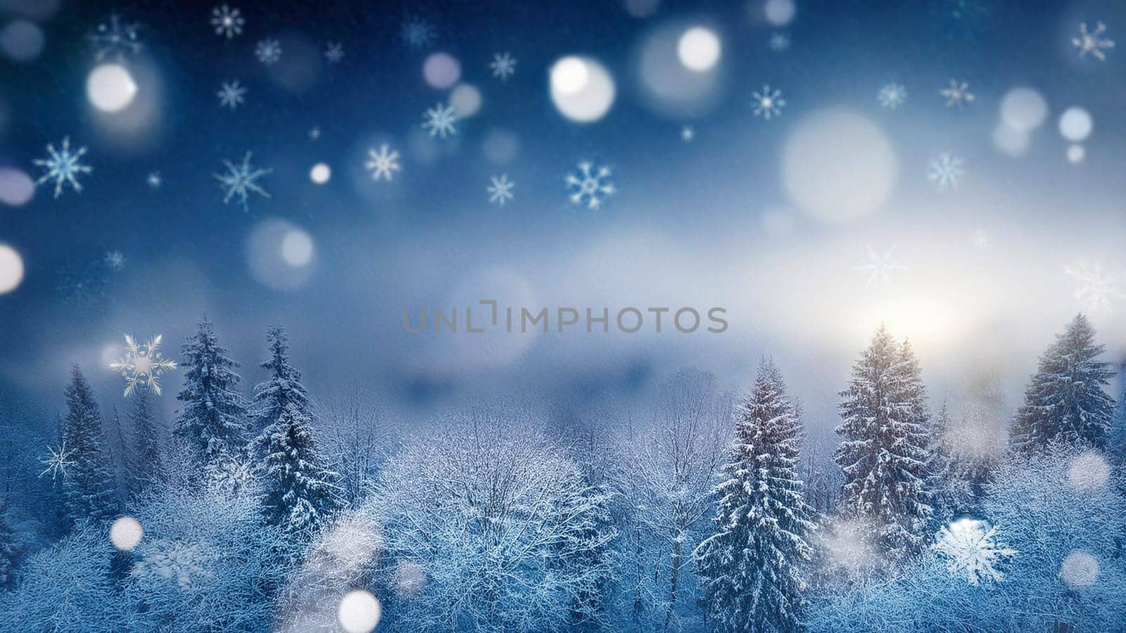Winter landscape with snow covered trees and falling snowflakes. Christmas background. AI generated