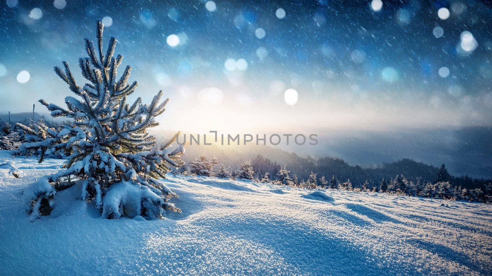Winter landscape with snow covered trees and falling snowflakes. Christmas background. AI generated