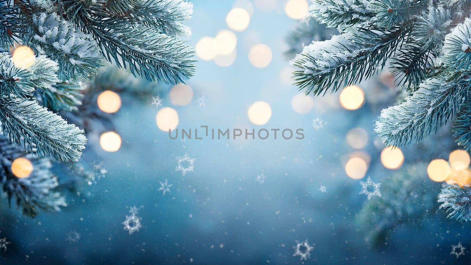 Winter background, falling snow on pine tree branches copy space, Christmas holiday background. AI generated