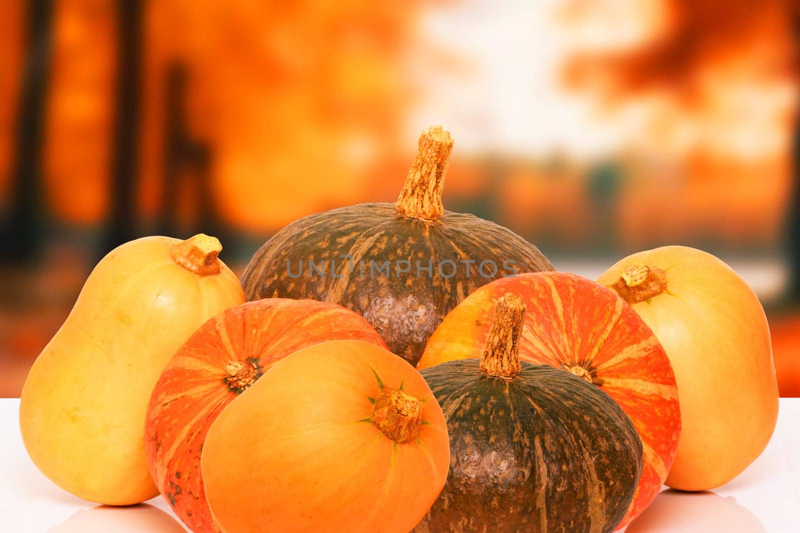Pile of pumpkins. Close-up of a stack decorative colorful pumpkins on a bright table against abstract blurred natural autumn background. Space for design.