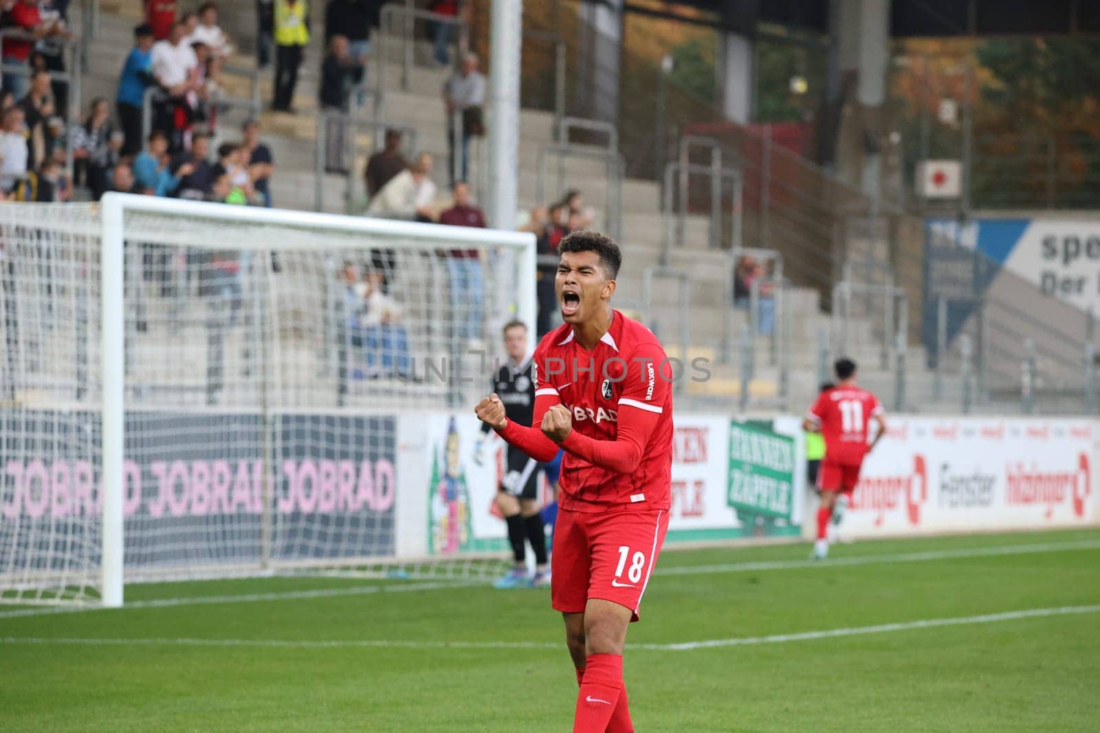 Yann Sturm (SC Freiburg II / U23) celebrates Marco Wörner's goal to make it 1-0 (SC Freiburg II / U23)  in the match of the Football RL SW 24-25: 9. Sptg: SC Freiburg II vs Bahlinger SC