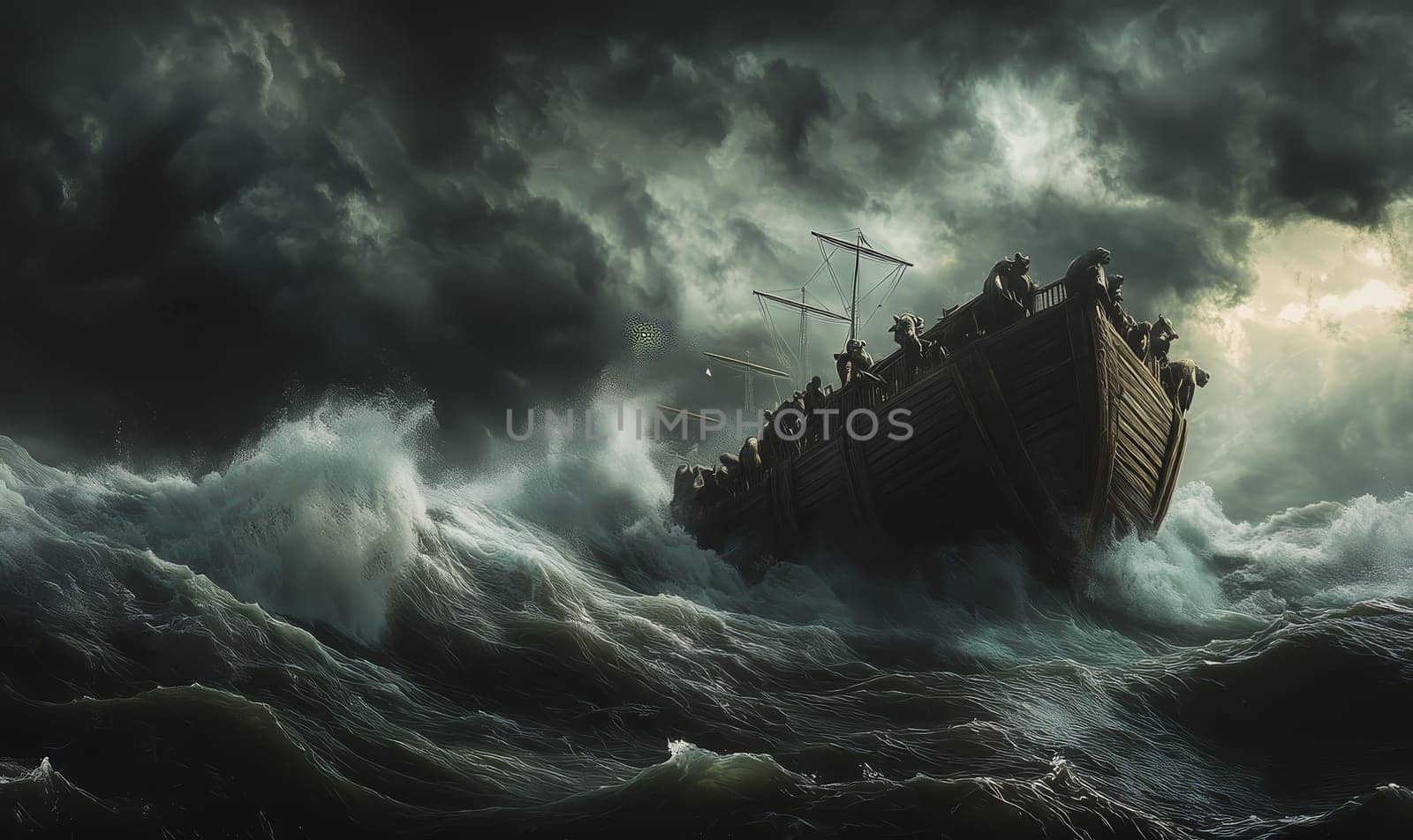Dramatic scene of Noah's Ark climbing a colossal wave during the great flood. Wooden vessel filled with animals struggles against the fury of the sea under stormy skies.