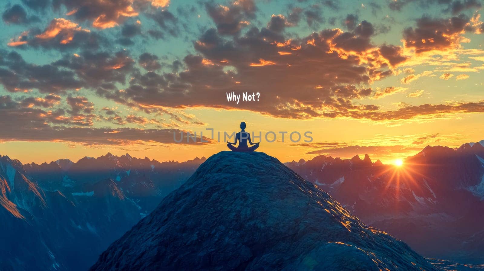 Woman is practicing yoga on top of a mountain at sunset, finding inner peace and connecting with nature. The breathtaking scenery creates a sense of tranquility and awe