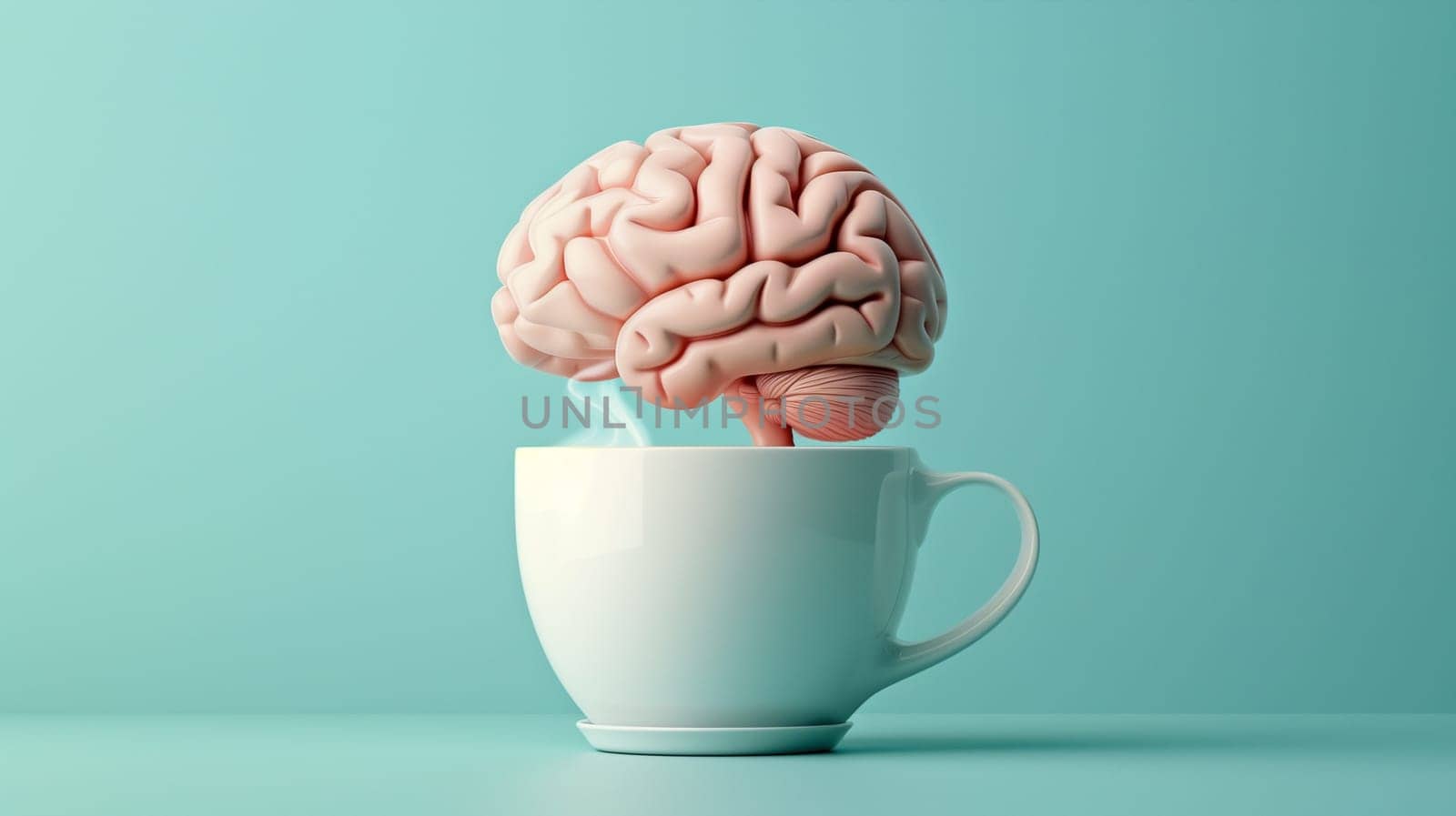 Human brain, coffee splash from a cup, growing mind, mental health concept, positive optimism thinking, creative idea, wake up in the morning