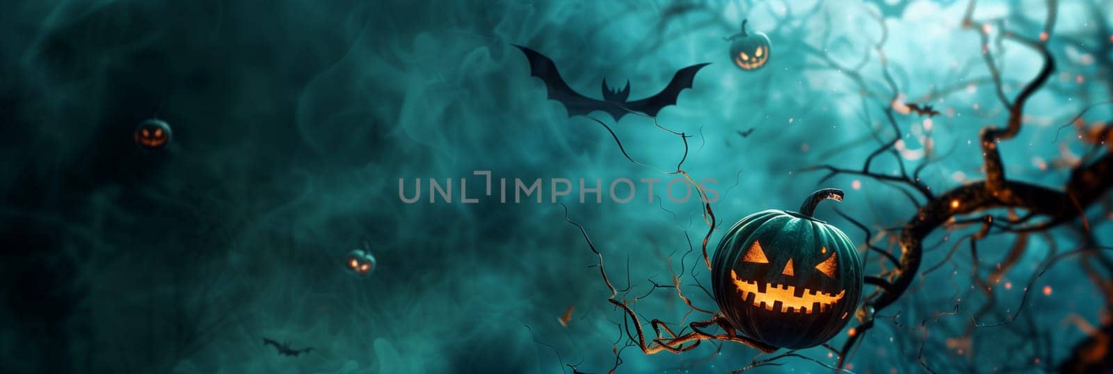 Halloween illuminated carved pumpkin, evil scary face in darkness, candle lit at night, dark background with copy space