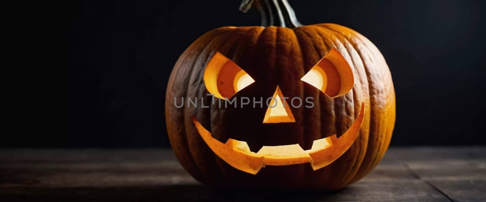 A carved Halloween pumpkin features a menacing face illuminated from within, with smoke curling upward, enhancing the haunting ambiance of the evening. Generative AI.