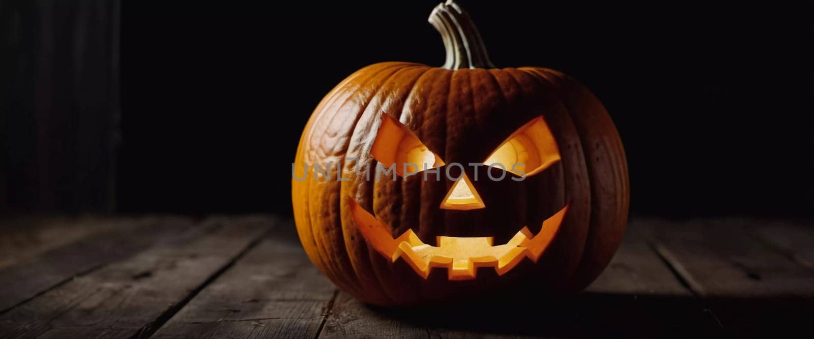 A carved Halloween pumpkin features a menacing face illuminated from within, with smoke curling upward, enhancing the haunting ambiance of the evening. Generative AI.