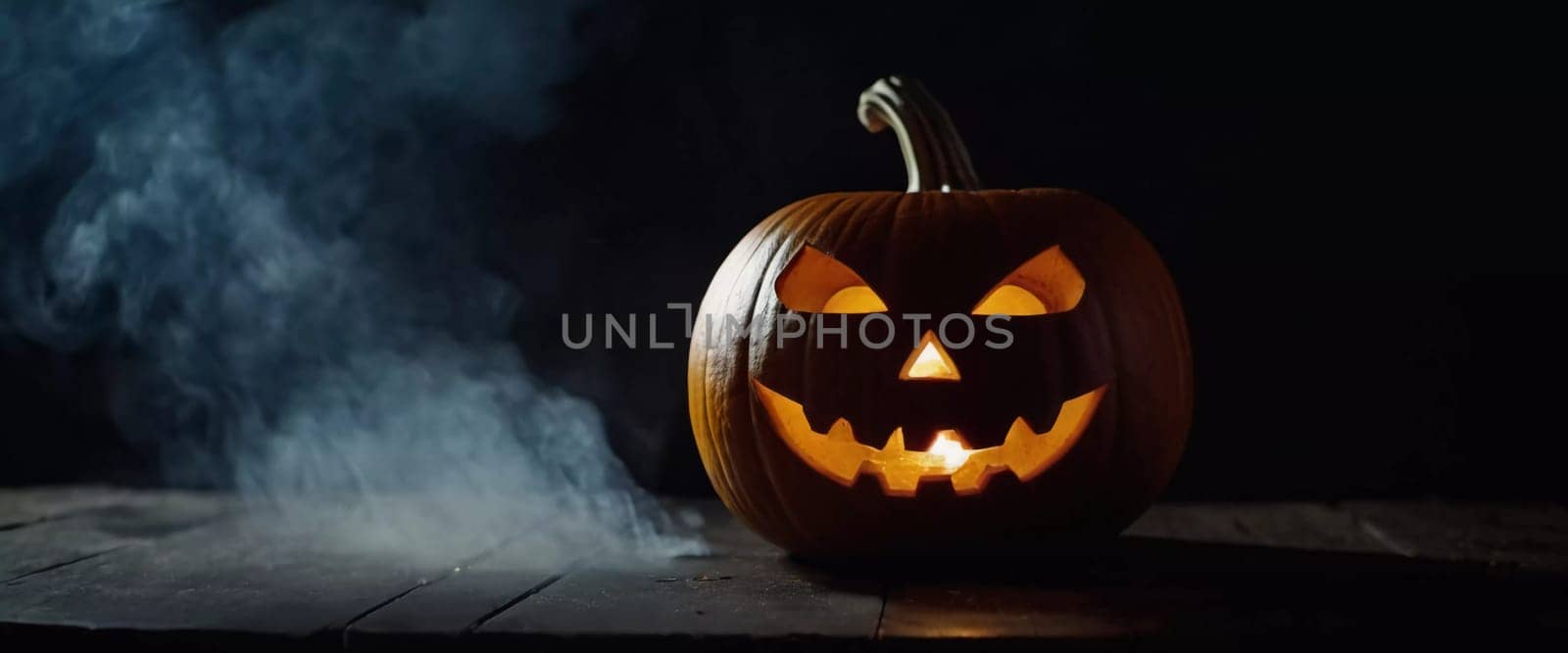 A carved Halloween pumpkin features a menacing face illuminated from within, with smoke curling upward, enhancing the haunting ambiance of the evening. Generative AI.