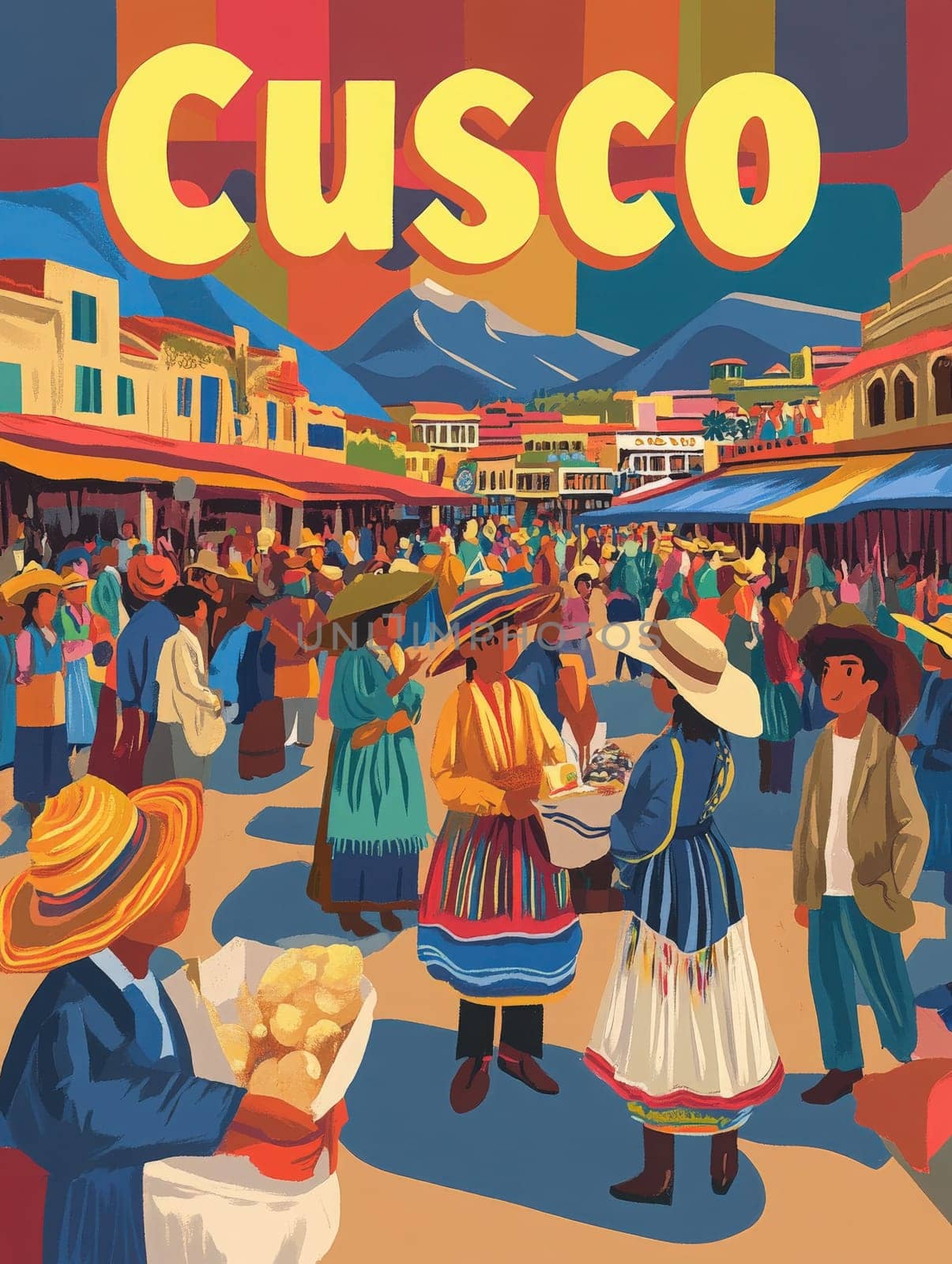 Explore the lively streets of Cusco, where colorful stalls brim with local produce and artisans showcase their crafts, all set against the stunning backdrop of the Andes and a bustling crowd.