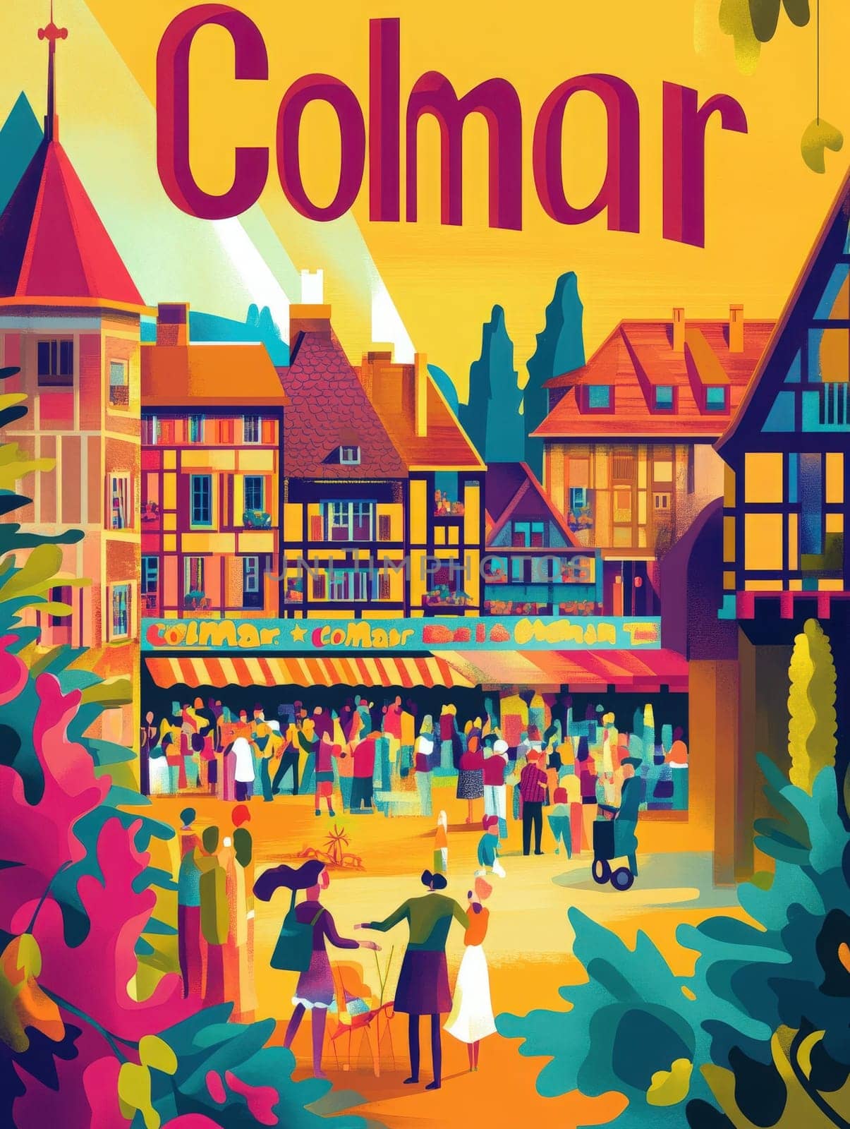 Wander through the enchanting streets of Colmar, where vibrant buildings surround bustling markets and joyful gatherings. Enjoy the lively atmosphere filled with local culture and festivities.