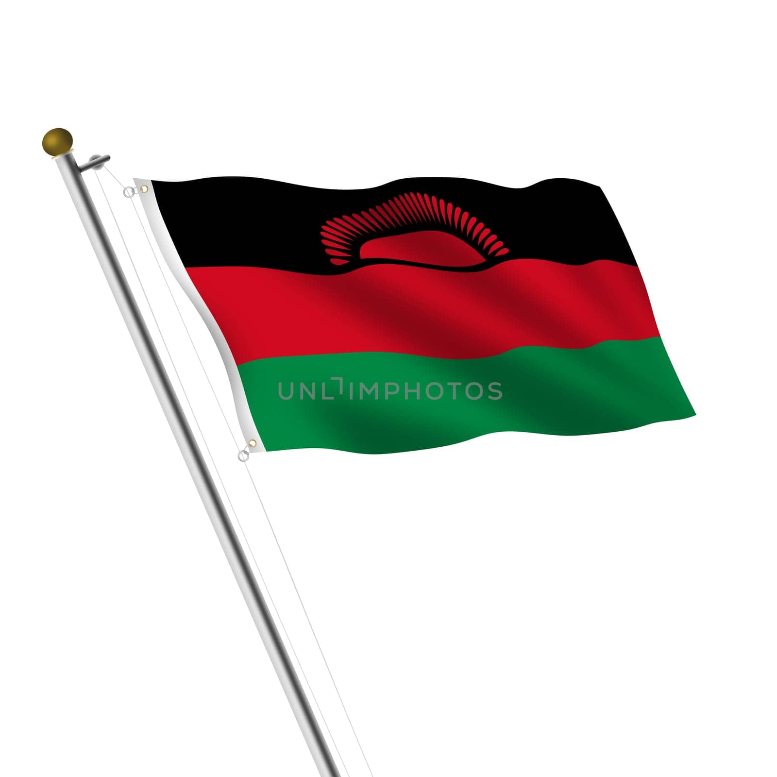 A Malawi Flagpole 3d illustration on white with clipping path rising sun red green black
