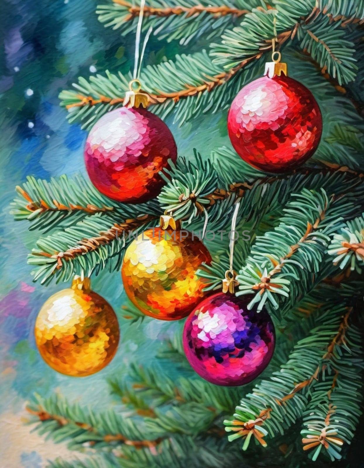 Colorful Christmas decorations adorn the branches of a spruce tree, vibrant balls in shades of red, gold, and pink, embodying holiday cheer in winter. Happy New Year art background. Generative AI.