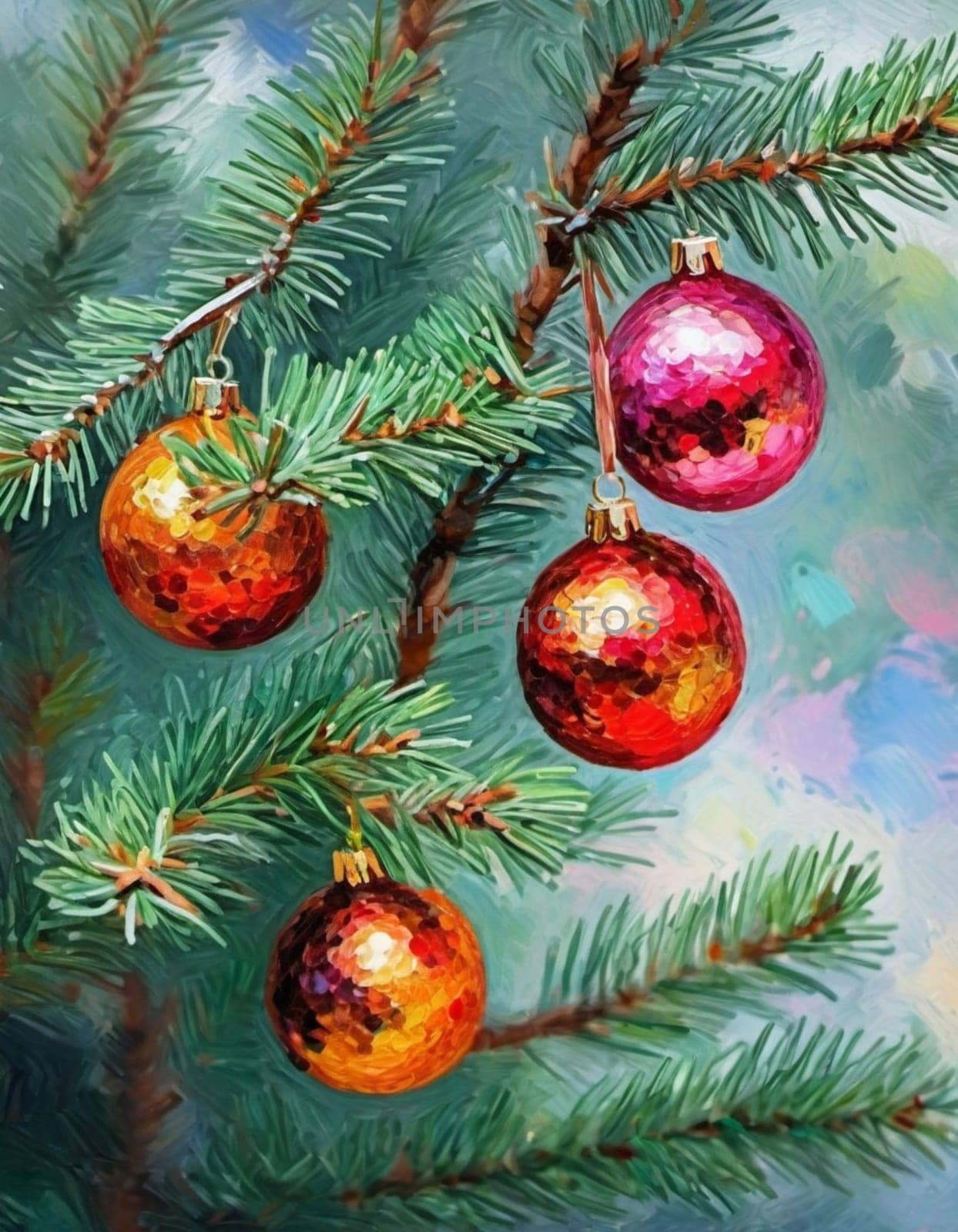 Colorful Christmas decorations adorn the branches of a spruce tree, vibrant balls in shades of red, gold, and pink, embodying holiday cheer in winter. Happy New Year art background. Generative AI.