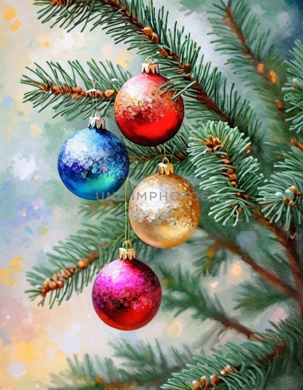 Colorful Christmas decorations adorn the branches of a spruce tree, vibrant balls in shades of red, gold, and pink, embodying holiday cheer in winter. Happy New Year art background. Generative AI.