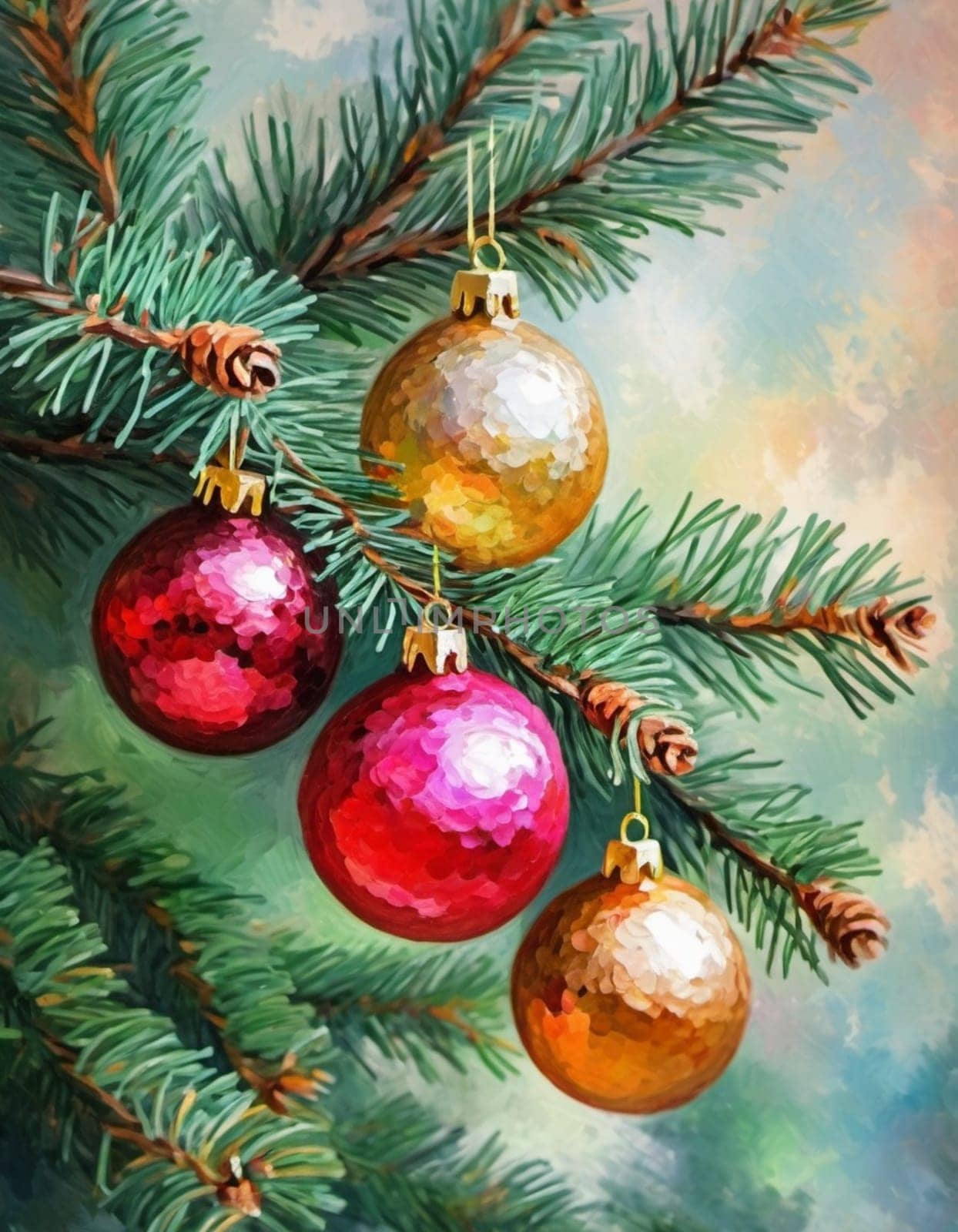 Colorful Christmas decorations adorn the branches of a spruce tree, vibrant balls in shades of red, gold, and pink, embodying holiday cheer in winter. Happy New Year art background. Generative AI.