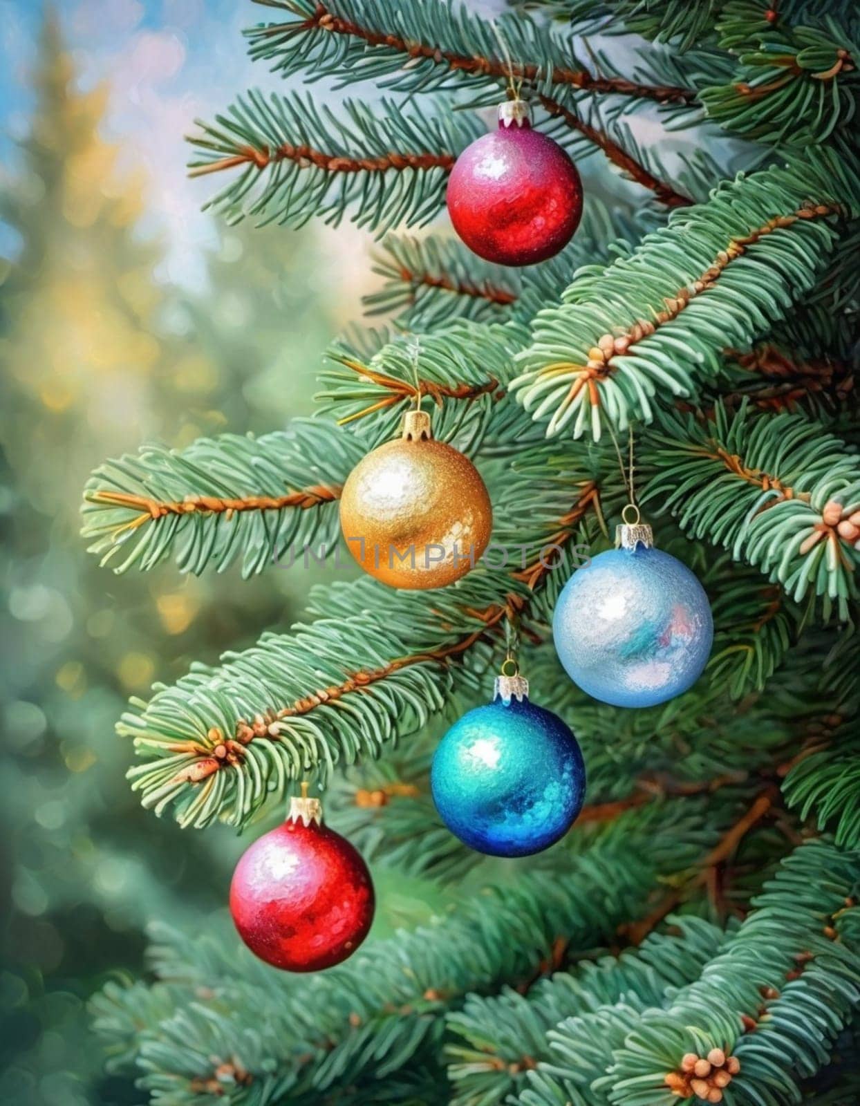 Colorful Christmas decorations adorn the branches of a spruce tree, vibrant balls in shades of red, gold, and pink, embodying holiday cheer in winter. Happy New Year art background. Generative AI.