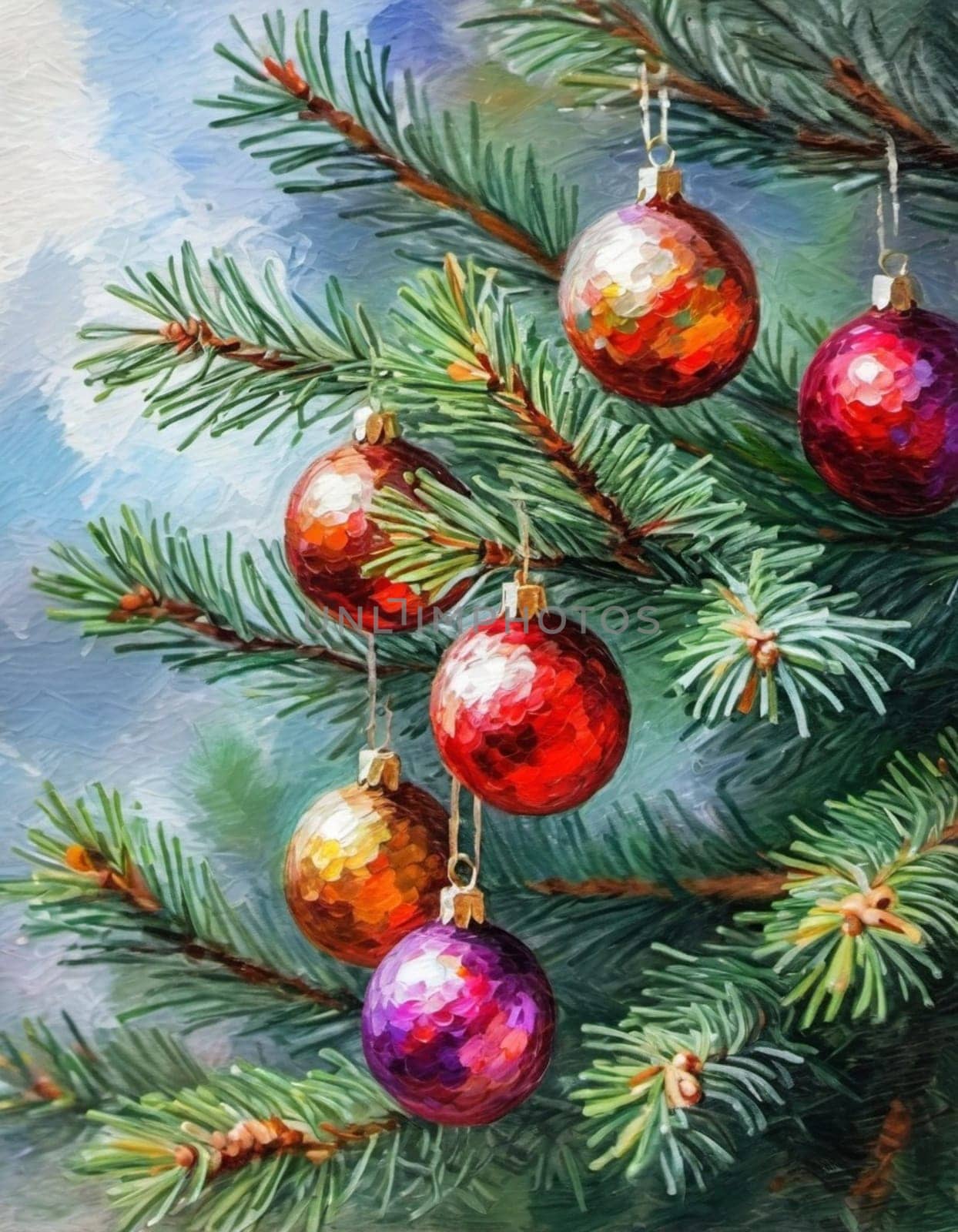Colorful Christmas decorations adorn the branches of a spruce tree, vibrant balls in shades of red, gold, and pink, embodying holiday cheer in winter. Happy New Year art background. Generative AI.
