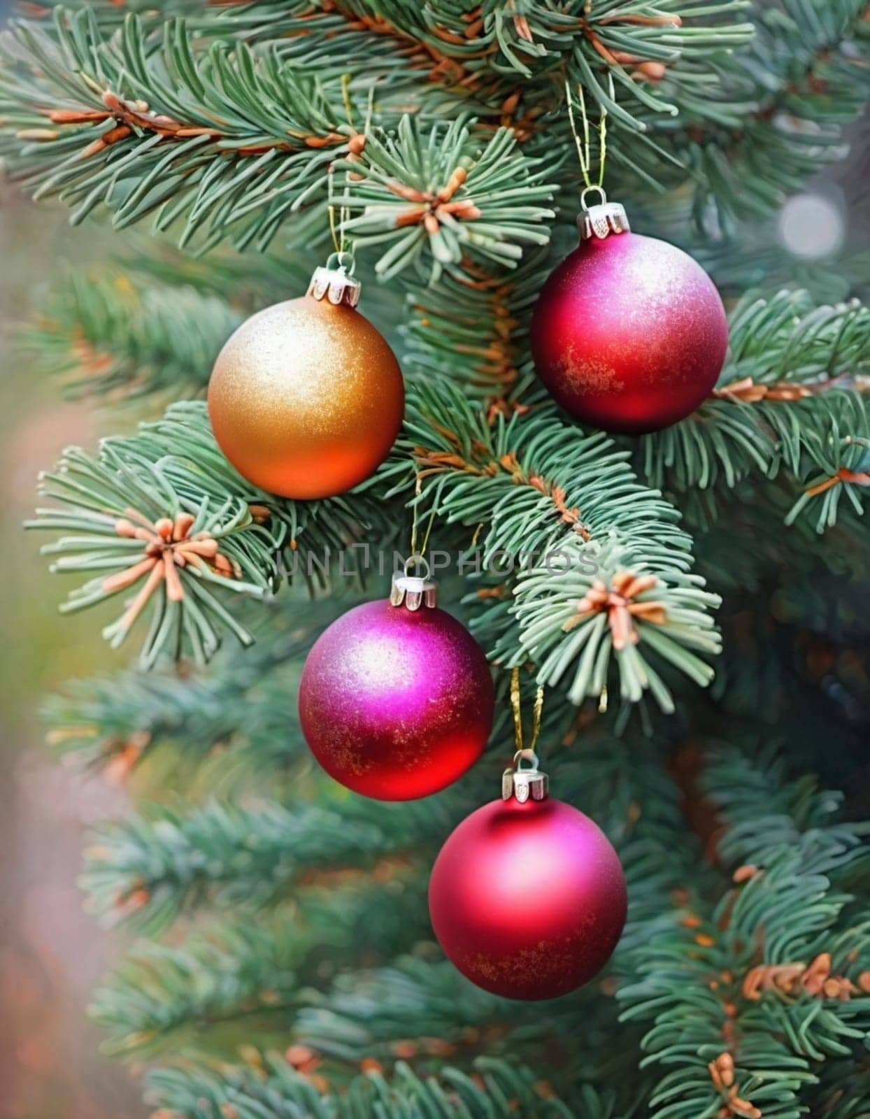 Colorful Christmas decorations adorn the branches of a spruce tree, vibrant balls in shades of red, gold, and pink, embodying holiday cheer in winter. Happy New Year art background. Generative AI.