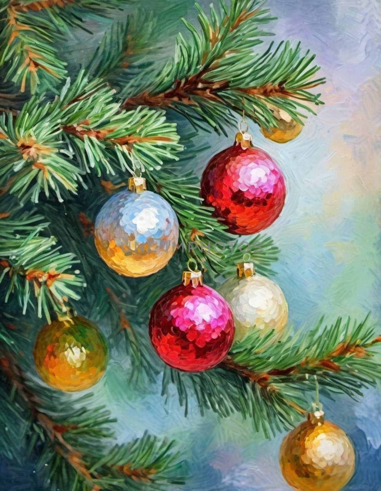 Colorful Christmas decorations adorn the branches of a spruce tree, vibrant balls in shades of red, gold, and pink, embodying holiday cheer in winter. Happy New Year art background. Generative AI.
