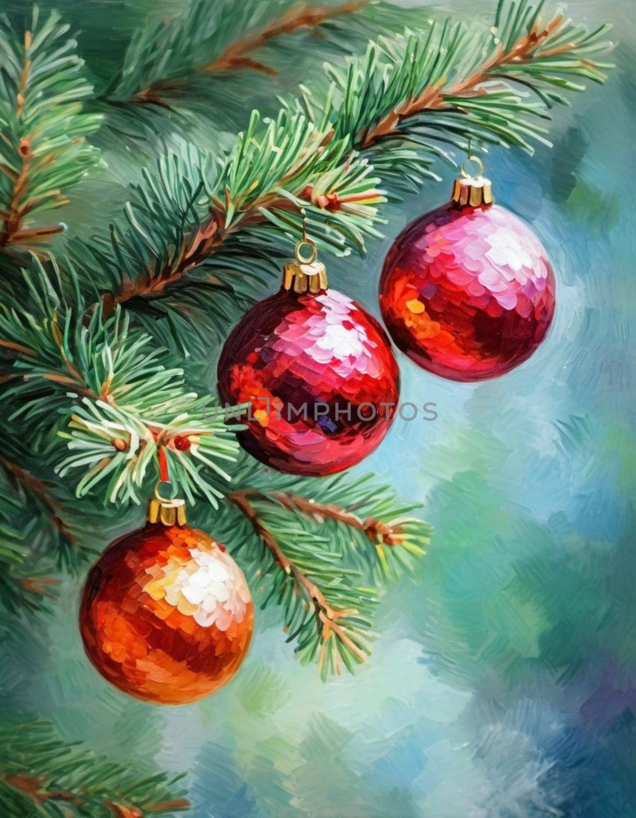 Colorful Christmas decorations adorn the branches of a spruce tree, vibrant balls in shades of red, gold, and pink, embodying holiday cheer in winter. Happy New Year art background. Generative AI.