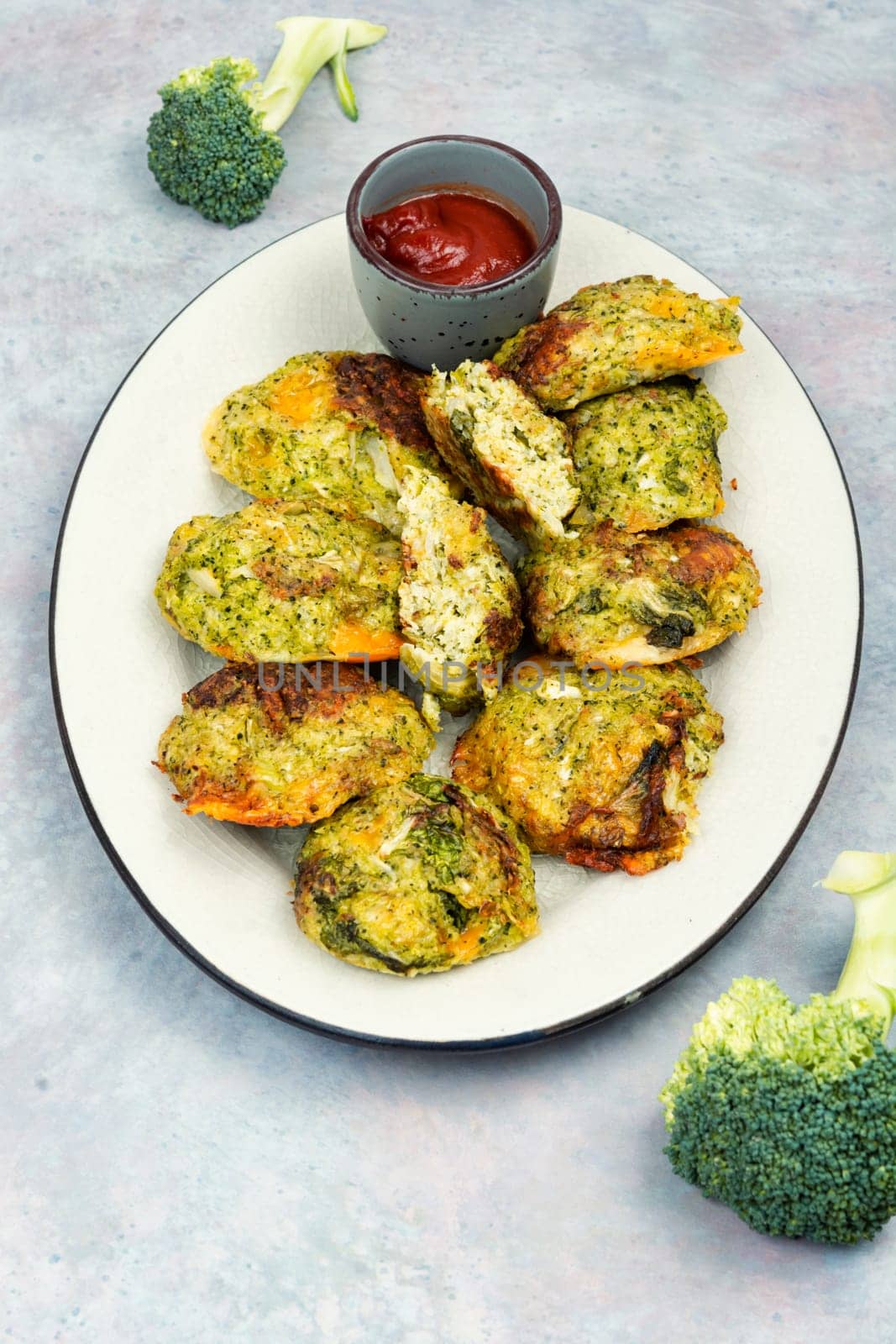 Fried vegetable cutlets with white sauce. Vegan broccoli cutlets. Cabbage cutlets.