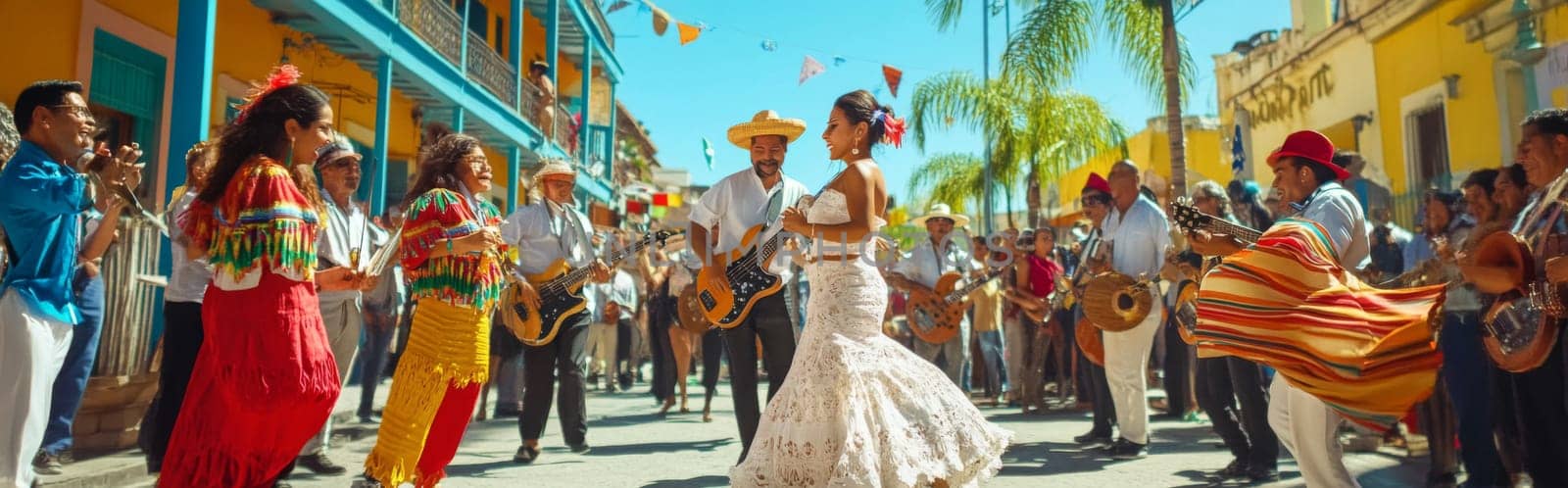 Festive street scene with smiling people in traditional Mexican clothing singing and dancing, AI generated