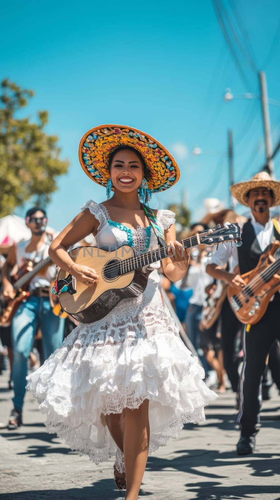 Festive street scene with smiling people in traditional Mexican clothing singing and dancing, AI generated