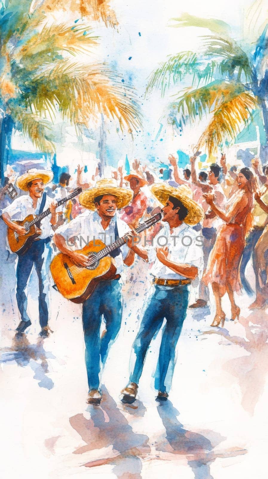 Colorful street latin american celebration with happy people dancing and playing musical instruments, AI Generated