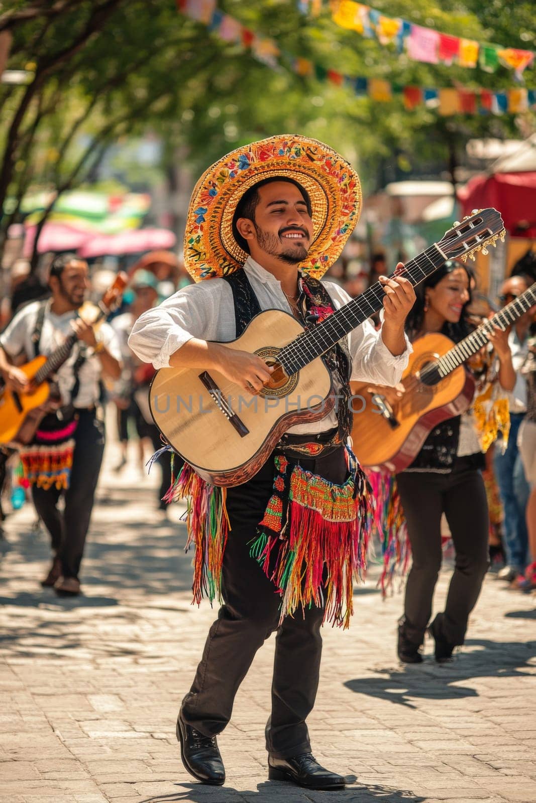 Festive street scene with smiling people in traditional Mexican clothing singing and dancing, AI generated