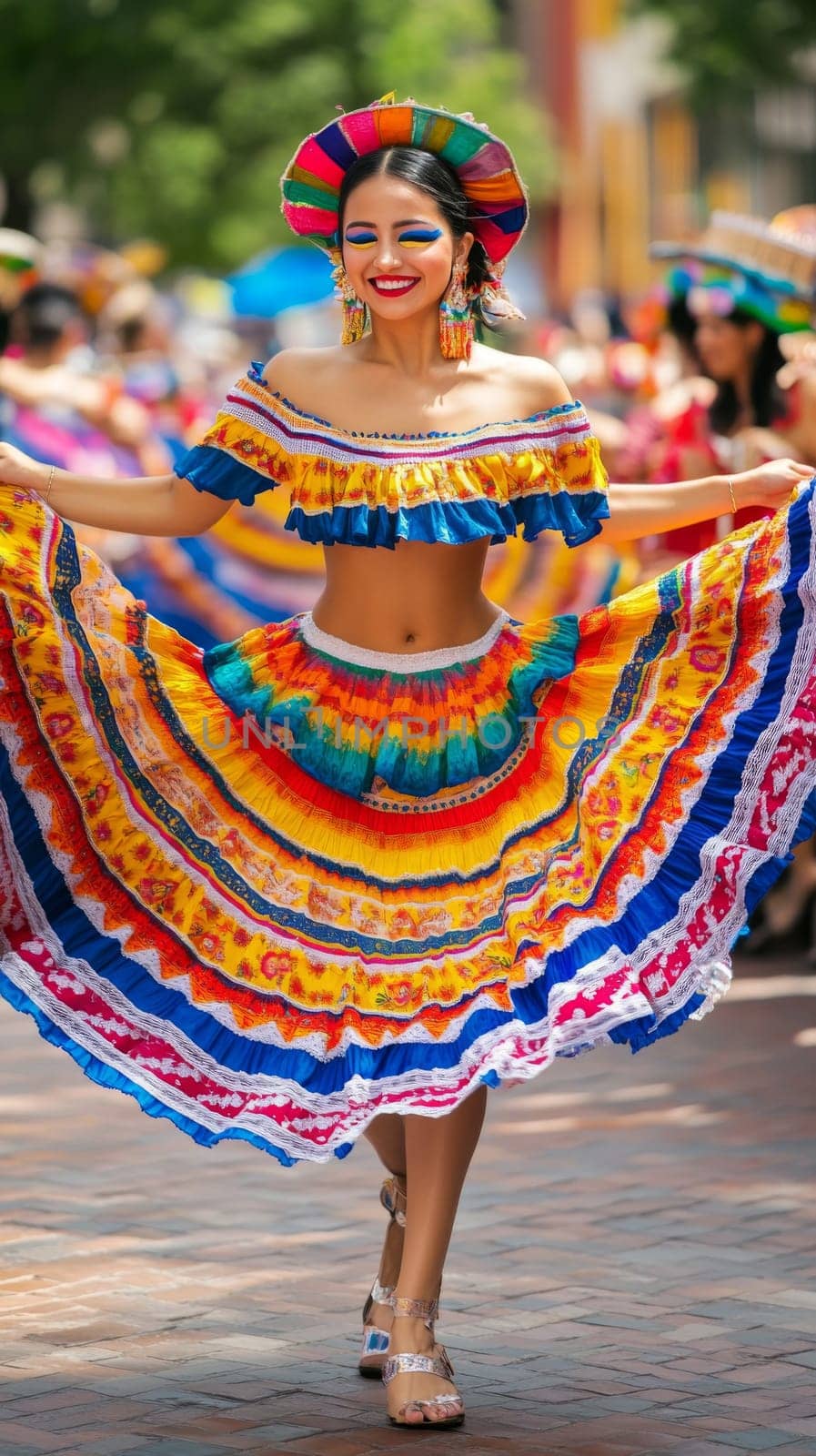 Woman in colorful traditional dress dancing at a latin american street festival, AI generated
