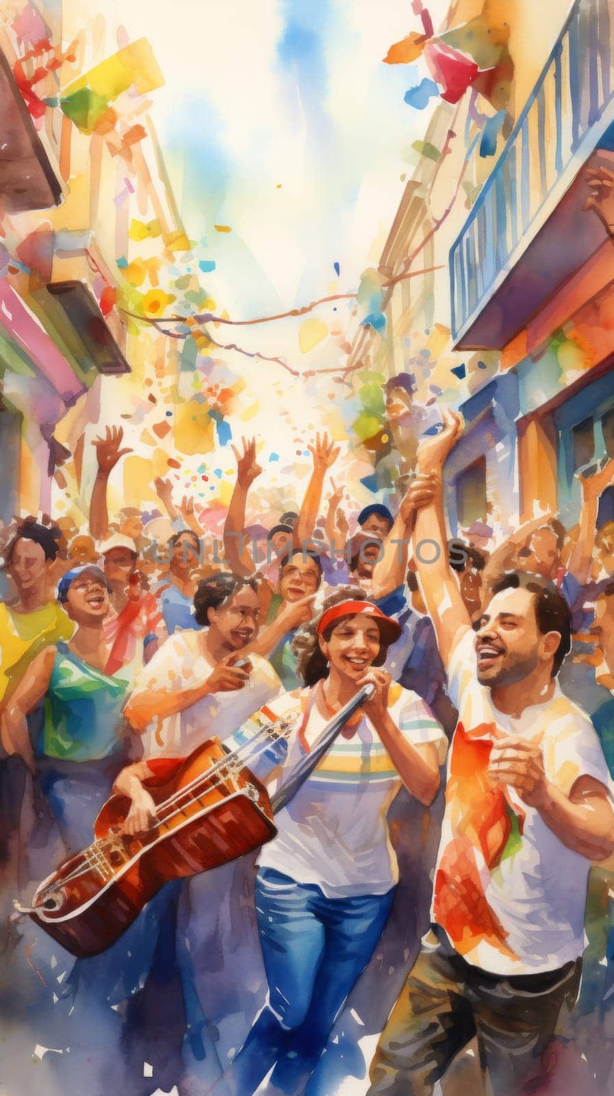 Colorful street latin american celebration with happy people dancing and playing musical instruments, AI Generated