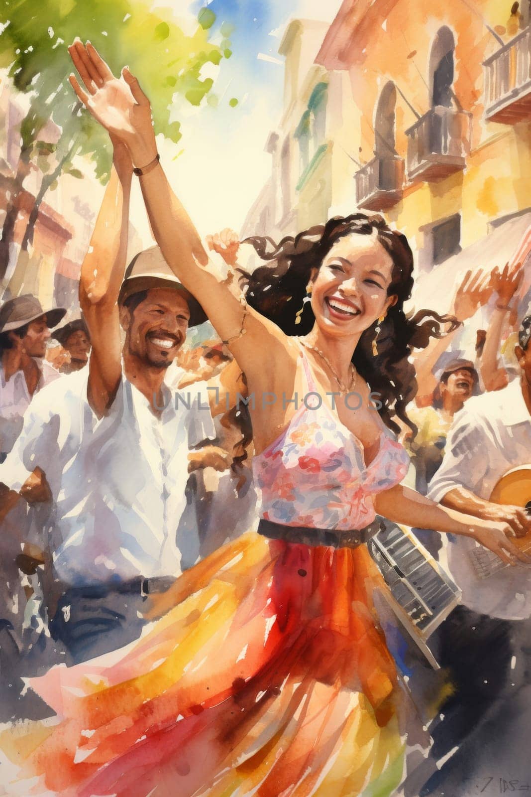Colorful street latin american celebration with happy people dancing and playing musical instruments, AI Generated