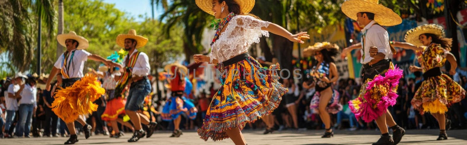 Woman in colorful traditional dress dancing at a latin american street festival, AI generated