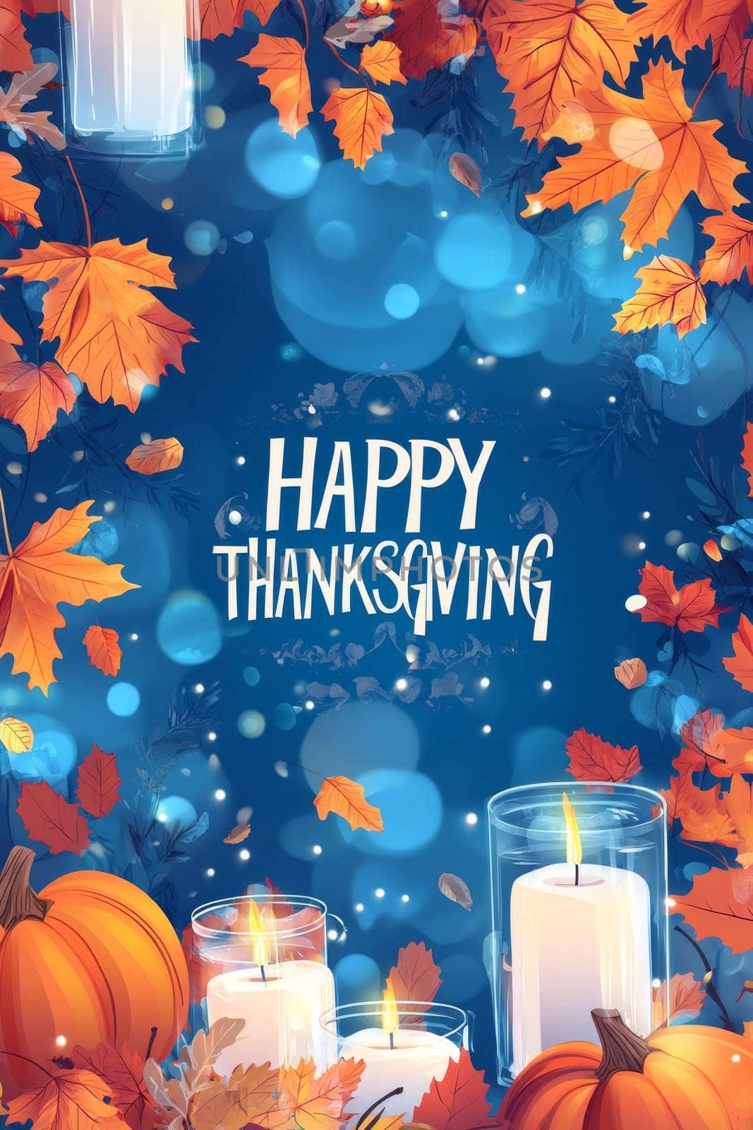 Happy hanksgiving text  on dark blue background with pumpkins, candles and autumn leaves, AI Generated