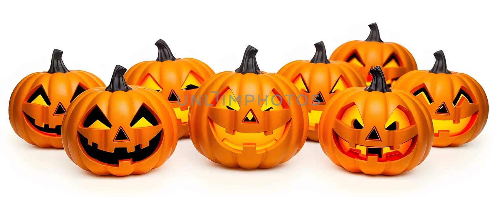 A vibrant collection of carved Halloween pumpkins features various expressions, showcasing creativity for autumn celebrations. The bright orange gourds illuminate the festive spirit.