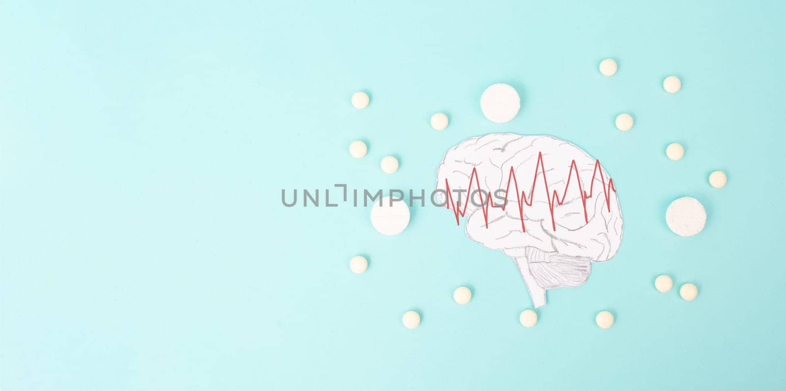 Brain with pills, cerebral vein thrombosis, Parkinson disease, mental disorder dementia, adhd, scan, MRI or CT