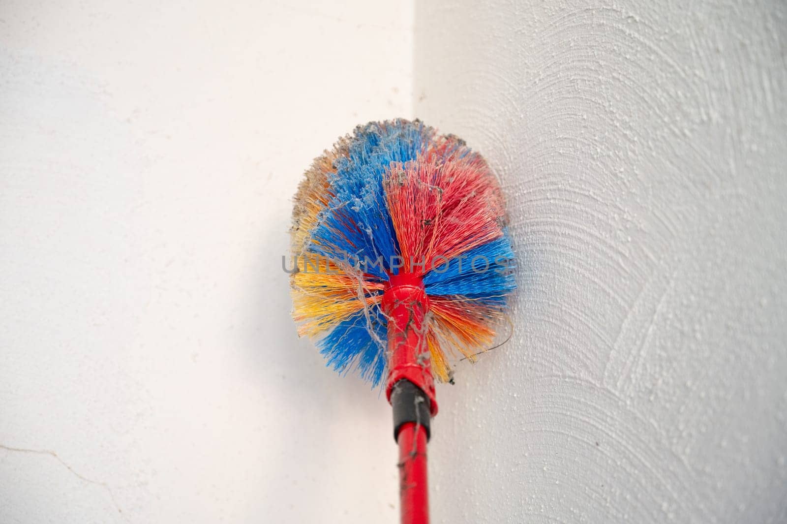 Remove cobwebs with a spider sweeper from the wall corner, cleaning at home, housework