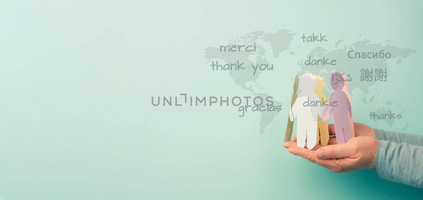 Thank you day, word thanks in different languages, world map, being thankful, support, help and charity concept, positive attitude