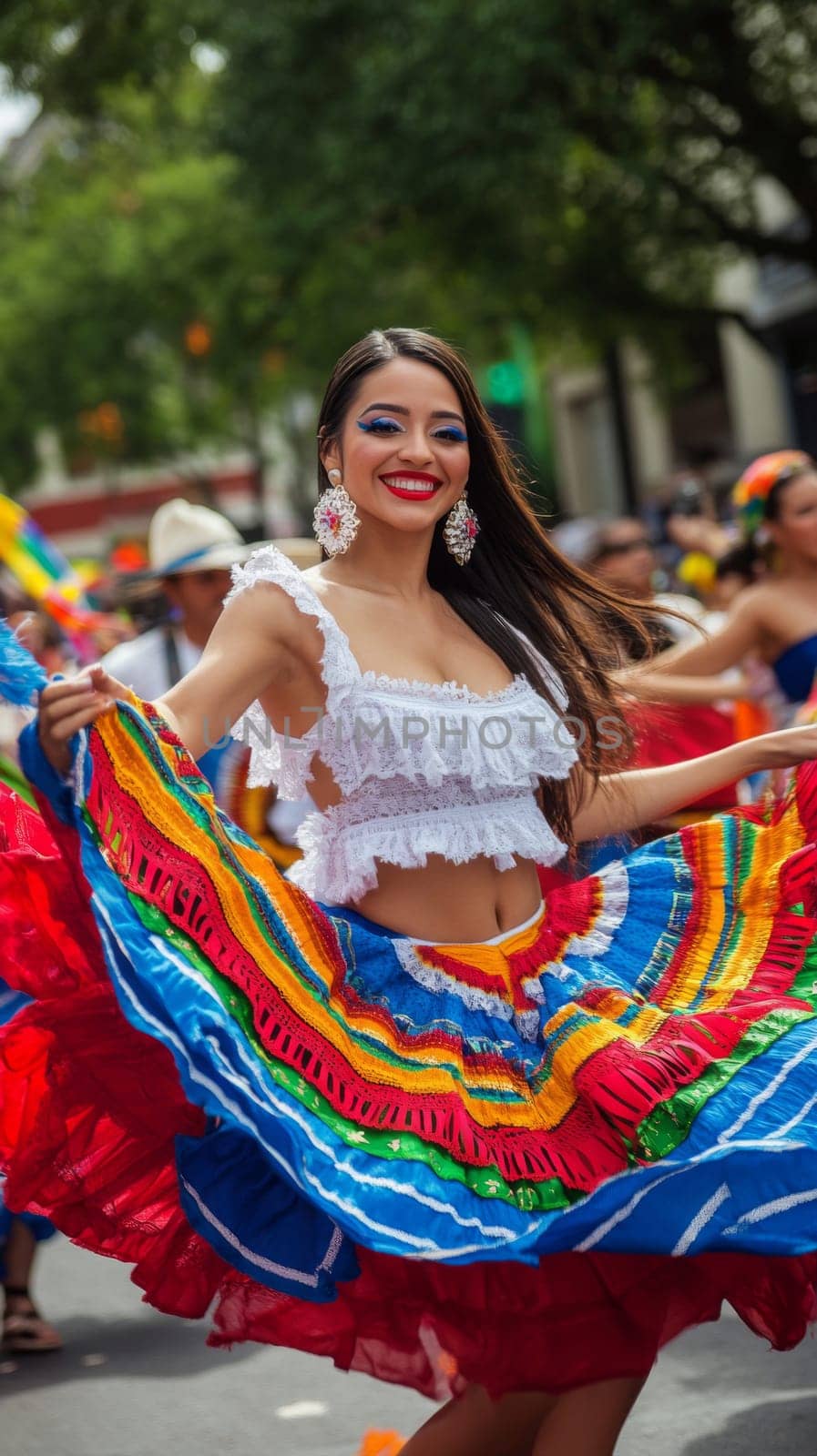 Woman in colorful traditional dress dancing at a latin american street festival, AI generated