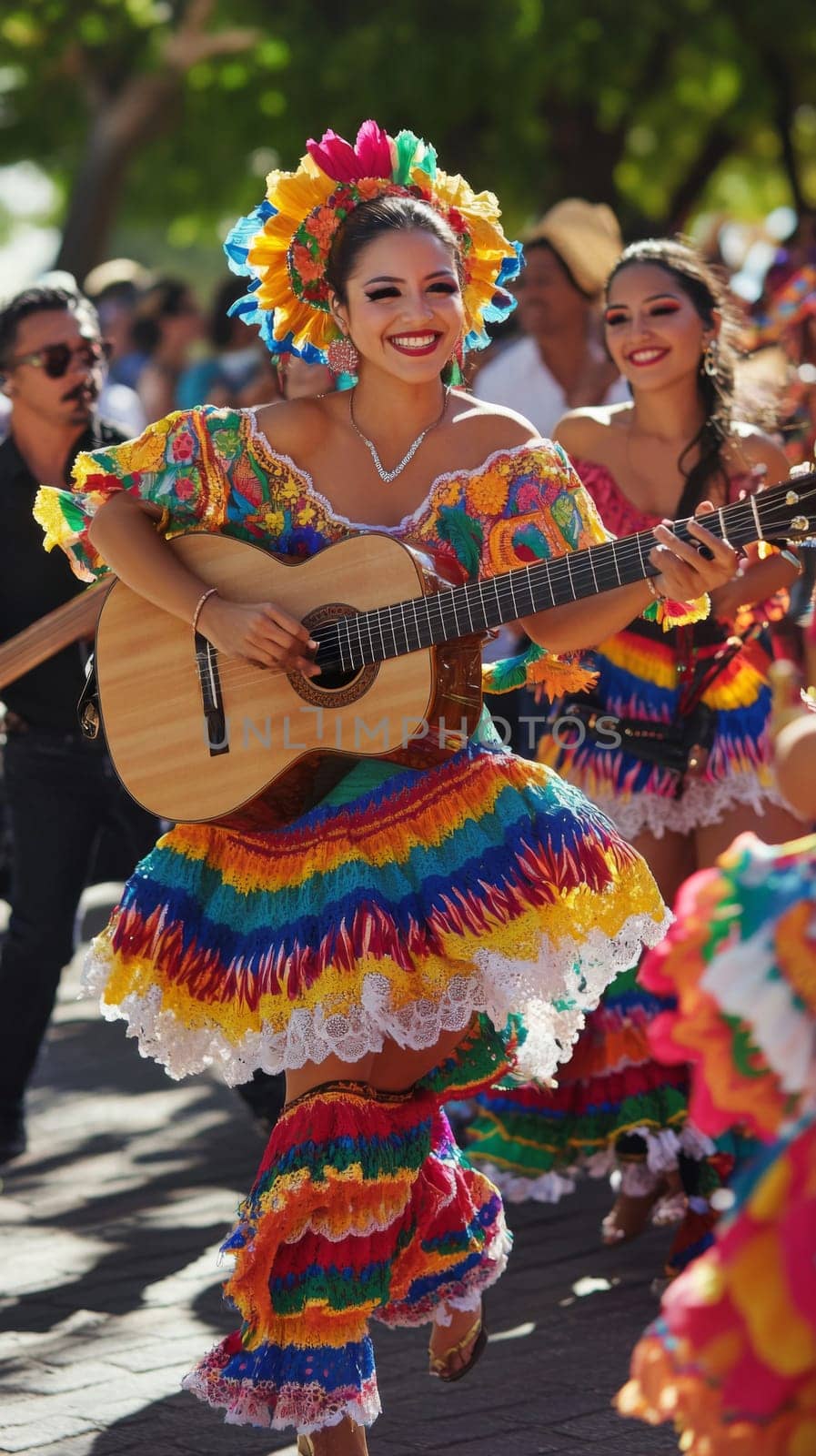 People in traditional Mexican clothing smiling and dancing outdoors, festive atmosphere, AI Generated