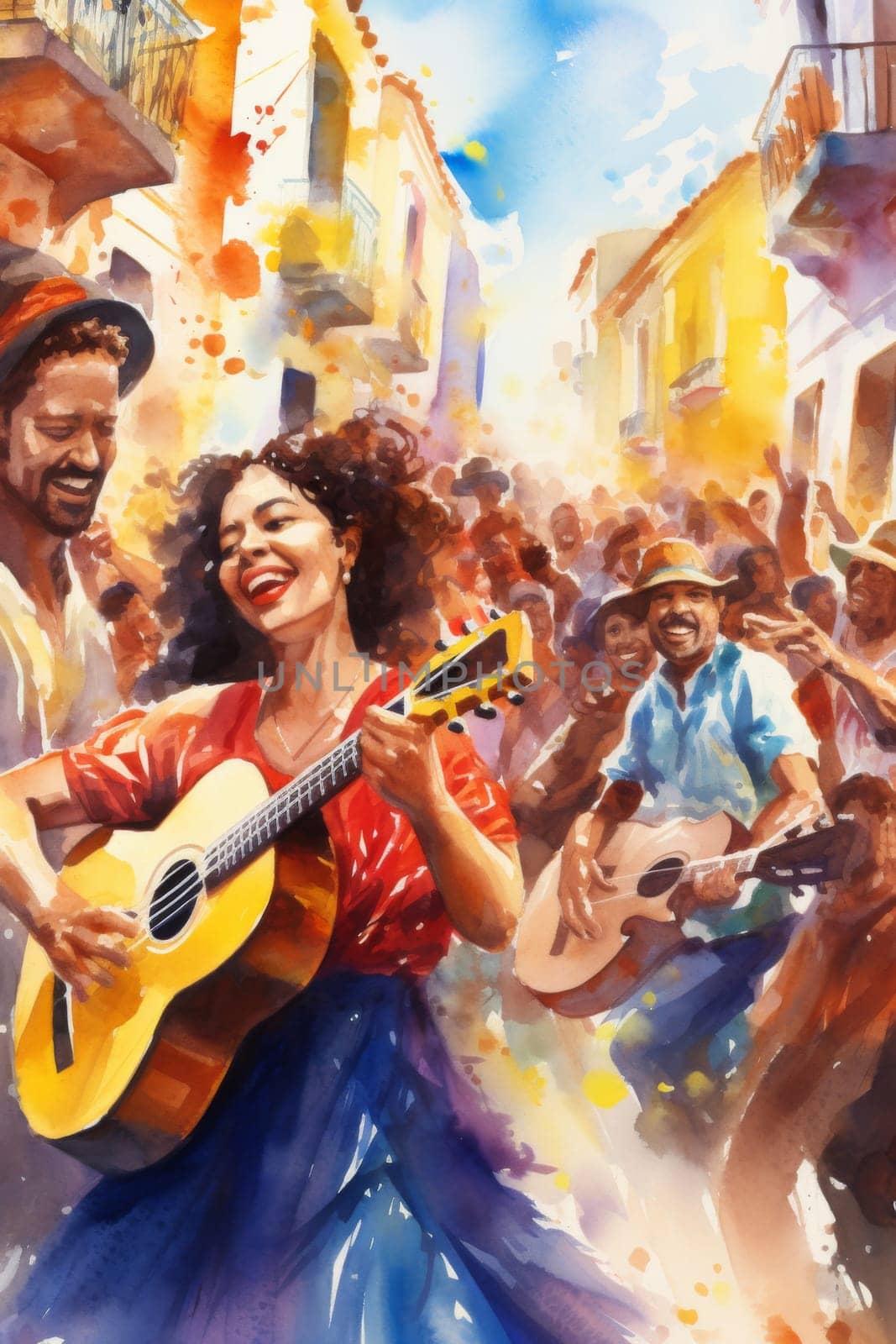 Colorful street latin american celebration with happy people dancing and playing musical instruments, AI Generated