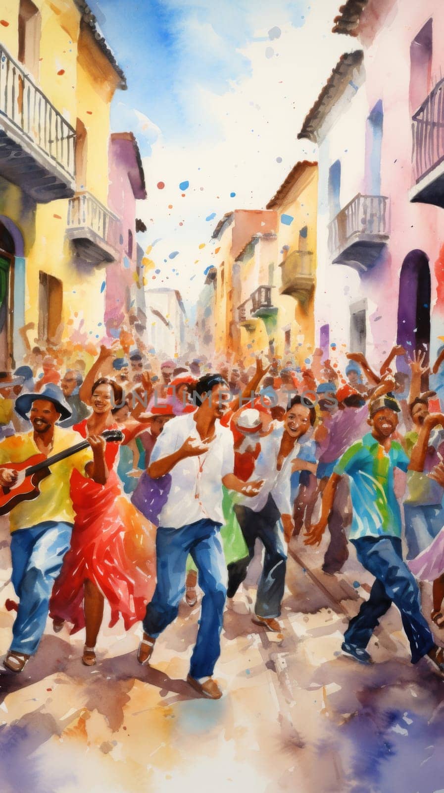 Colorful street latin american celebration with happy people dancing and playing musical instruments, AI Generated