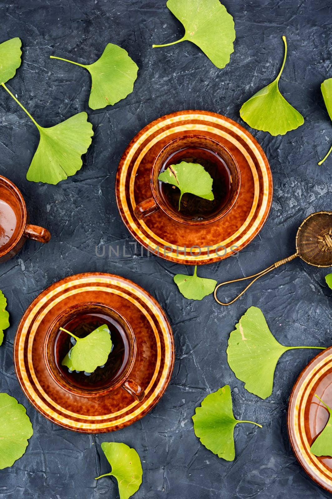 A cup of herbal tea, green Ginkgo biloba leaves. Top view.